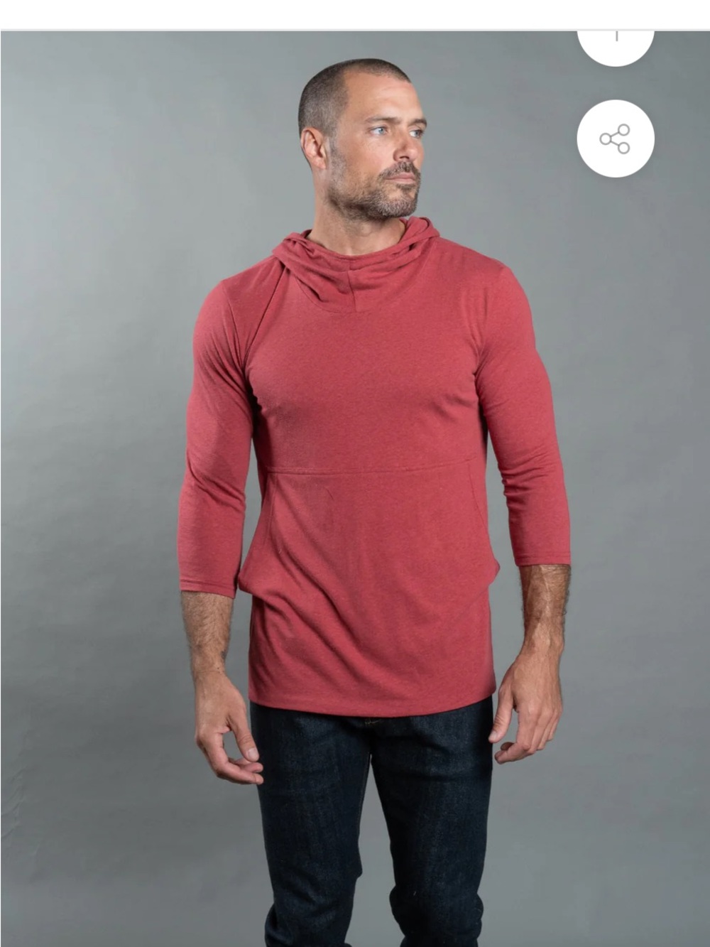 Mens 3/4 sleeve cowl neck visor hoodie.